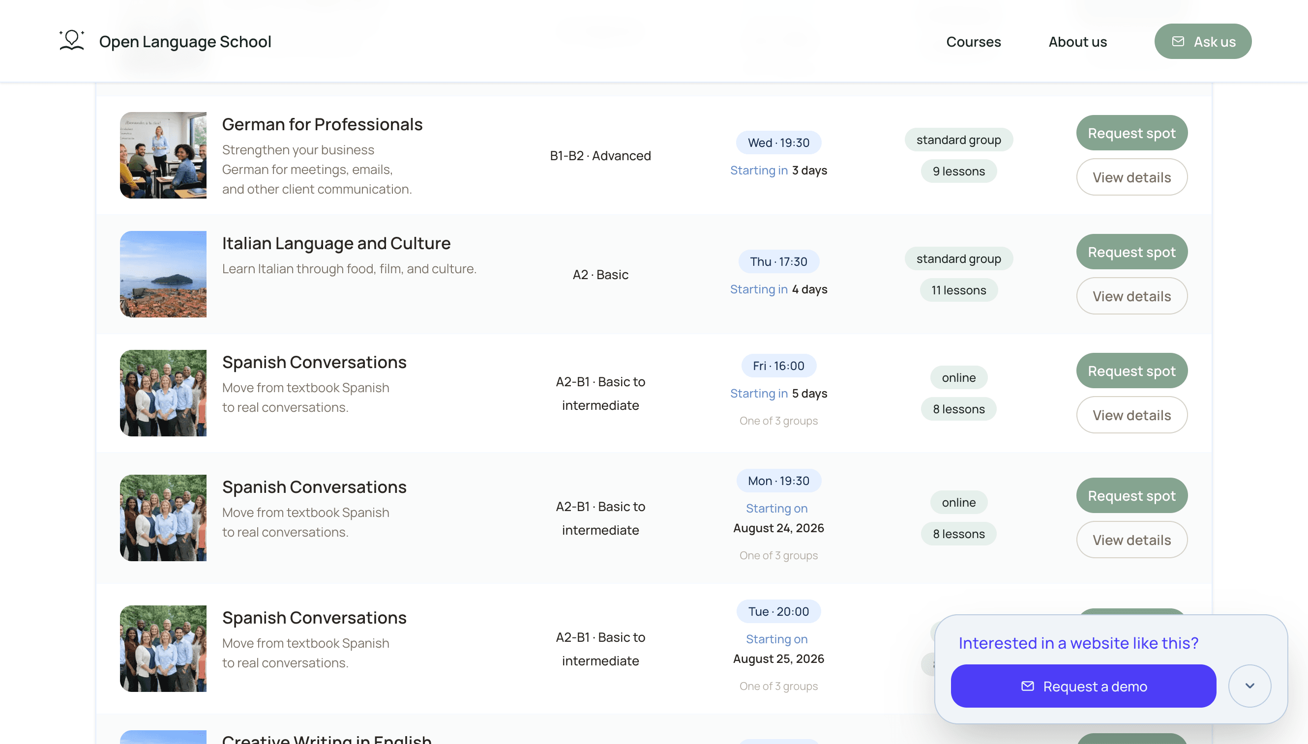 Courses overview in the learning organization prototype with course cards and filters.