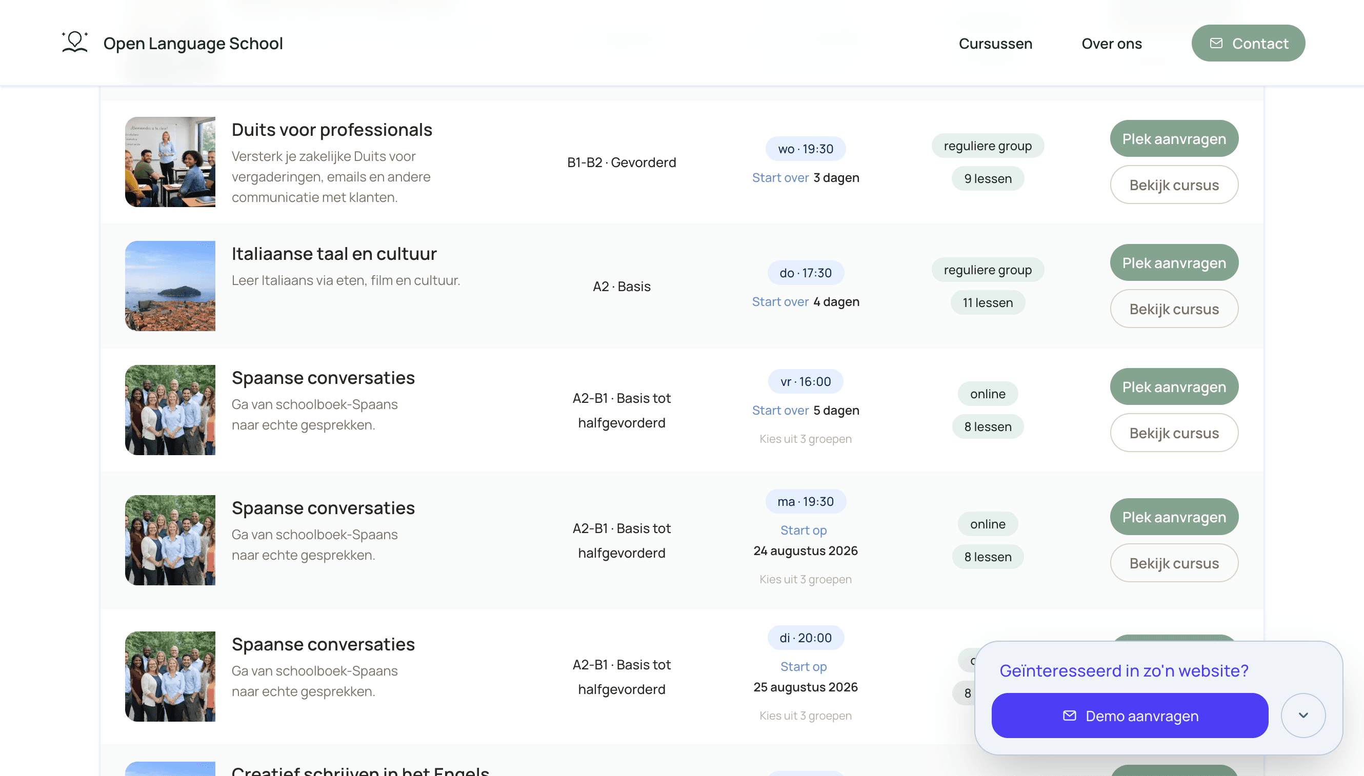 Cursusoverzicht in het prototype voor een leerorganisatie met cursuskaarten en filters.