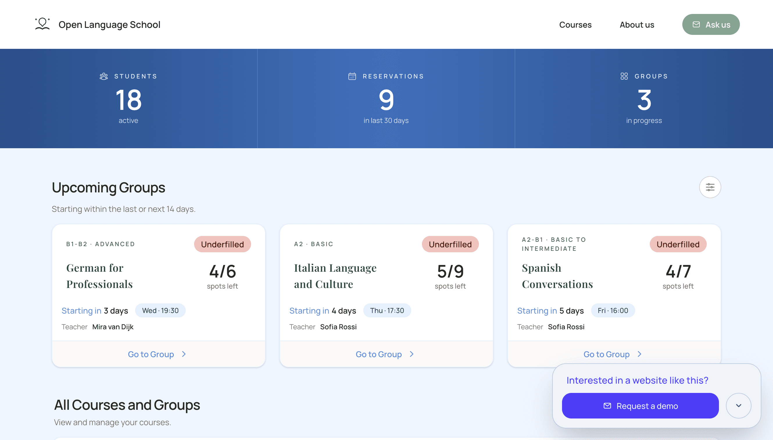Admin dashboard in the learning organization prototype for managing courses and groups.