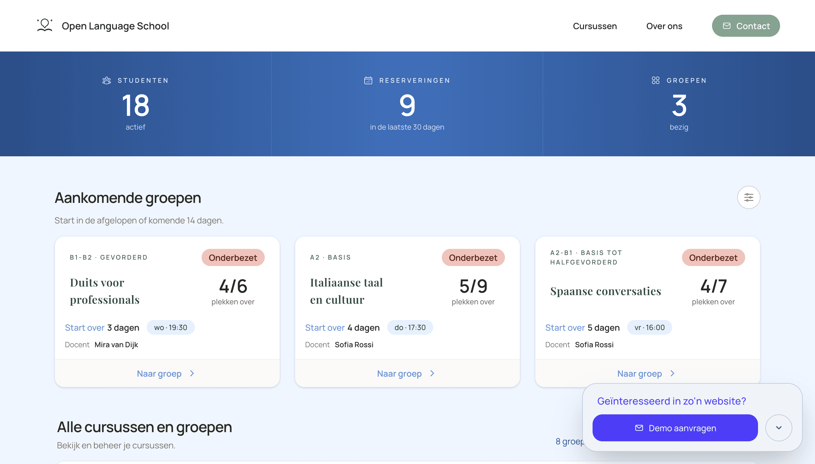 Admindashboard in het prototype voor een leerorganisatie om cursussen en groepen te beheren.