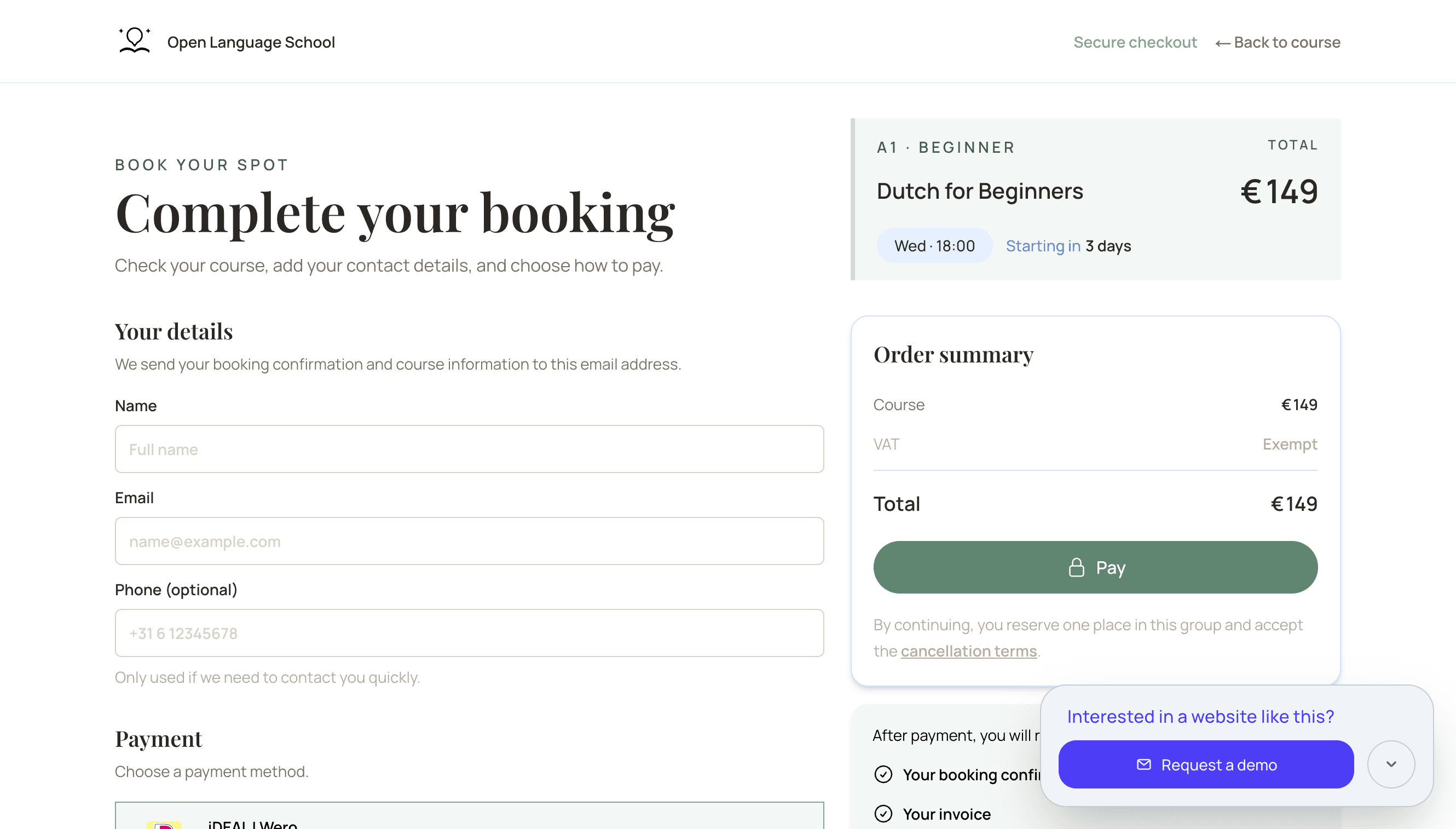 Payment step in the learning organization prototype for completing a course enrollment.