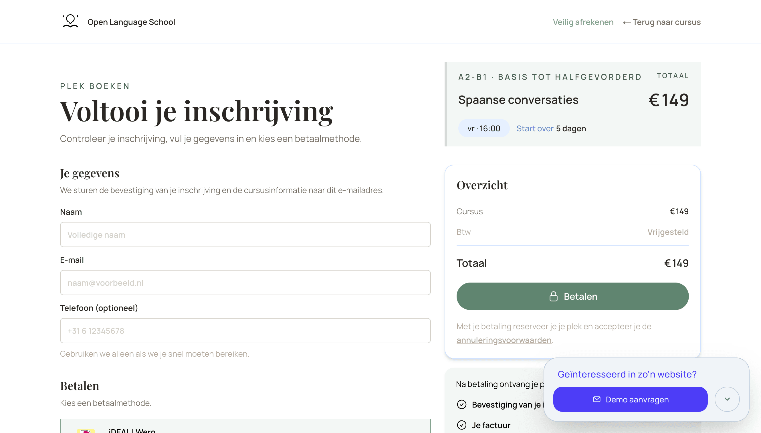 Betaalstap in het prototype voor een leerorganisatie om een cursusinschrijving af te ronden.