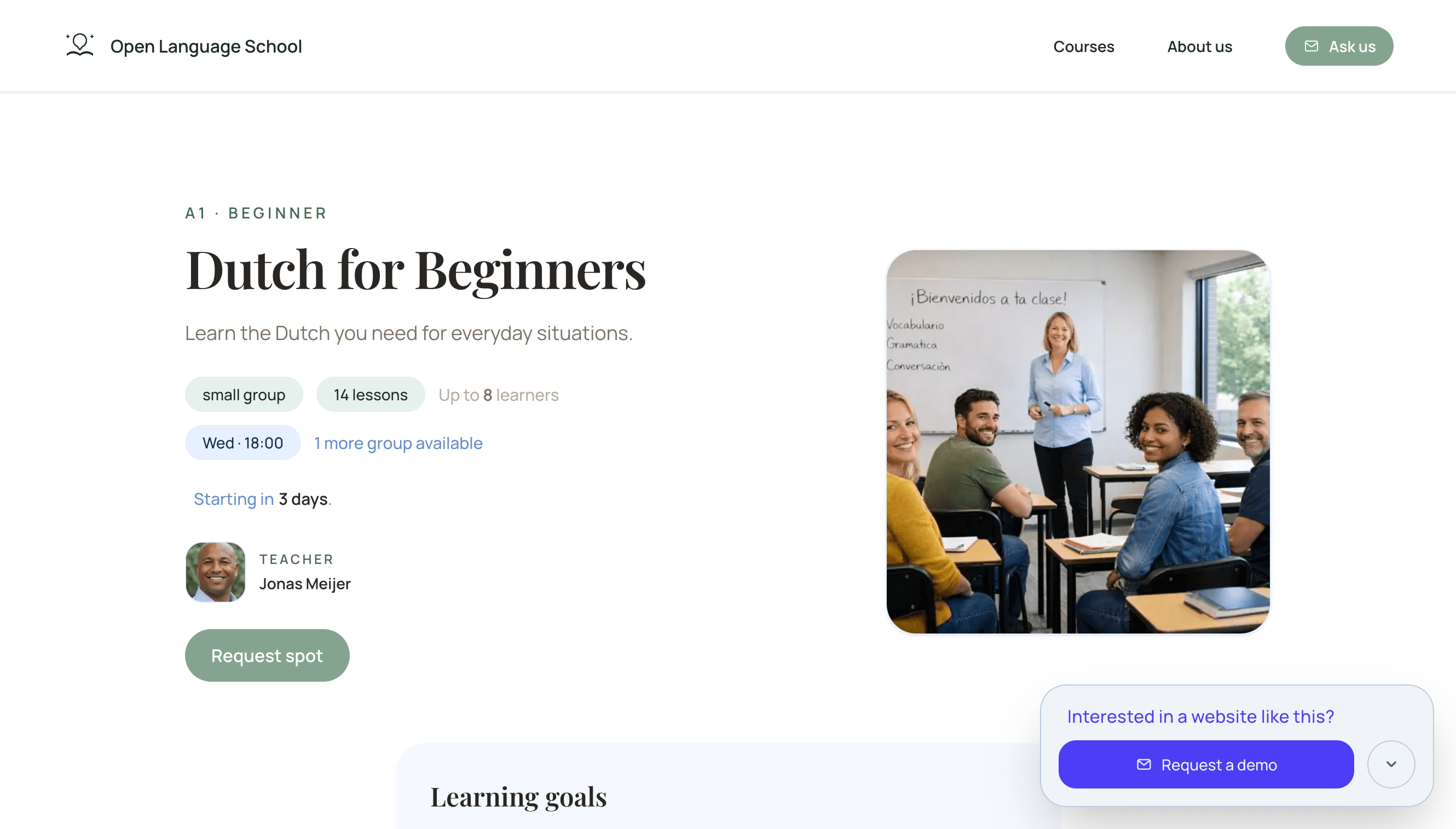 Course detail page in the learning organization prototype with schedule, price, and enrollment information.